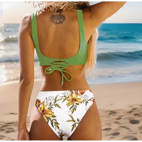 Cupshe Women XL 2 Piece Swimsuit Green Wrap Top Floral High Waist Bikini Lace Up - Picture 3 of 9